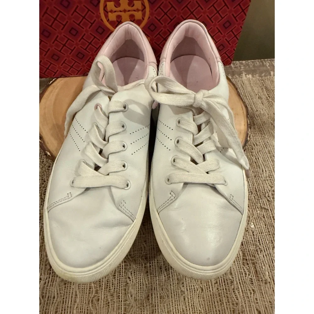 TORY BURCH Perforated Lace-Up Golf Sneakers Snow White Pink Cotton Sz-9.5